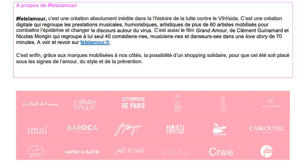 #fetelamour vih sida ist santé sexuelle dons collecte évenement e-event culture musique cinéma solidarité stars partenaires shopping solidaire