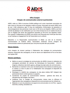 fiche de poste poste chargé chargée de communication externe et partenariats aides association vih hépatites sida
